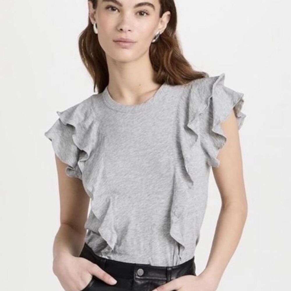 Veronica Beard Bea Ruffle Tee XS Gray Pima Cotton Flutter Sleeve